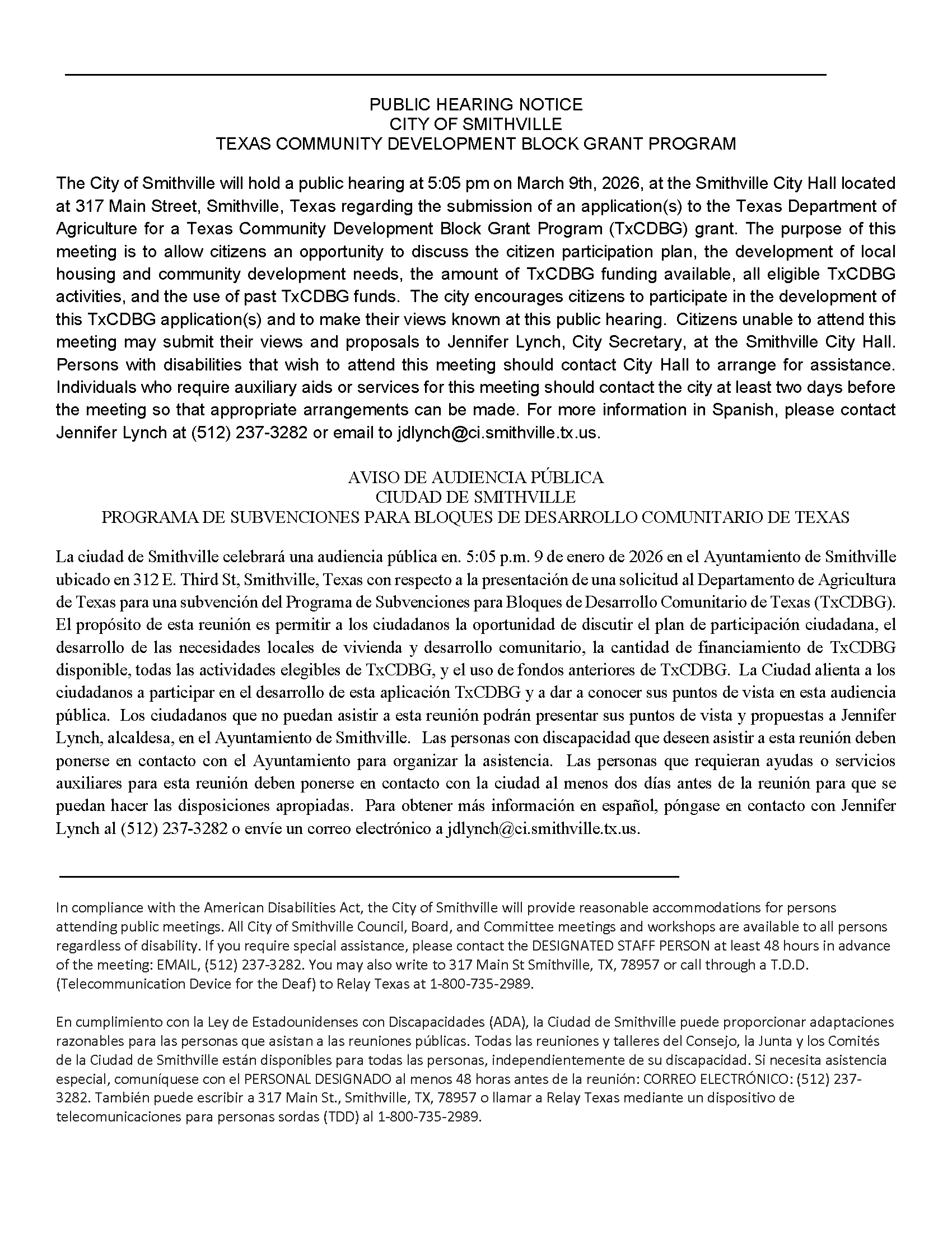 TDACDBG 2026 Public Hearing Notice posting